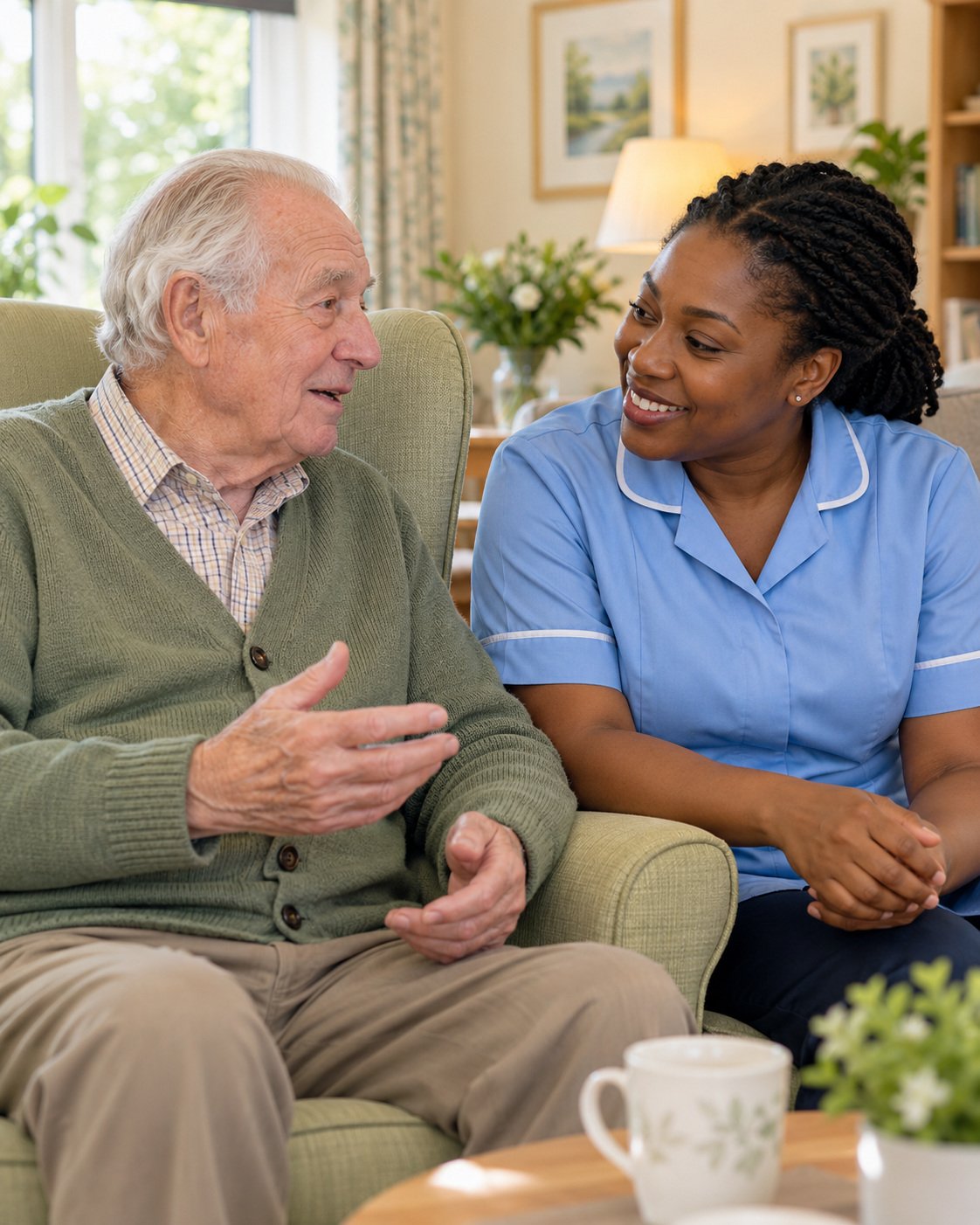 AI-generated image of a Healthcare Assistant listening to an older man