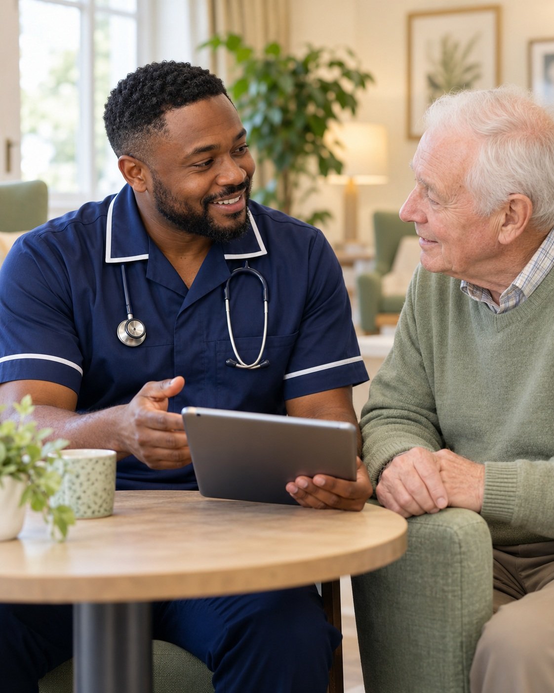 AI-generated image of a male Registered Nurse reviewing a care plan with an older gentleman