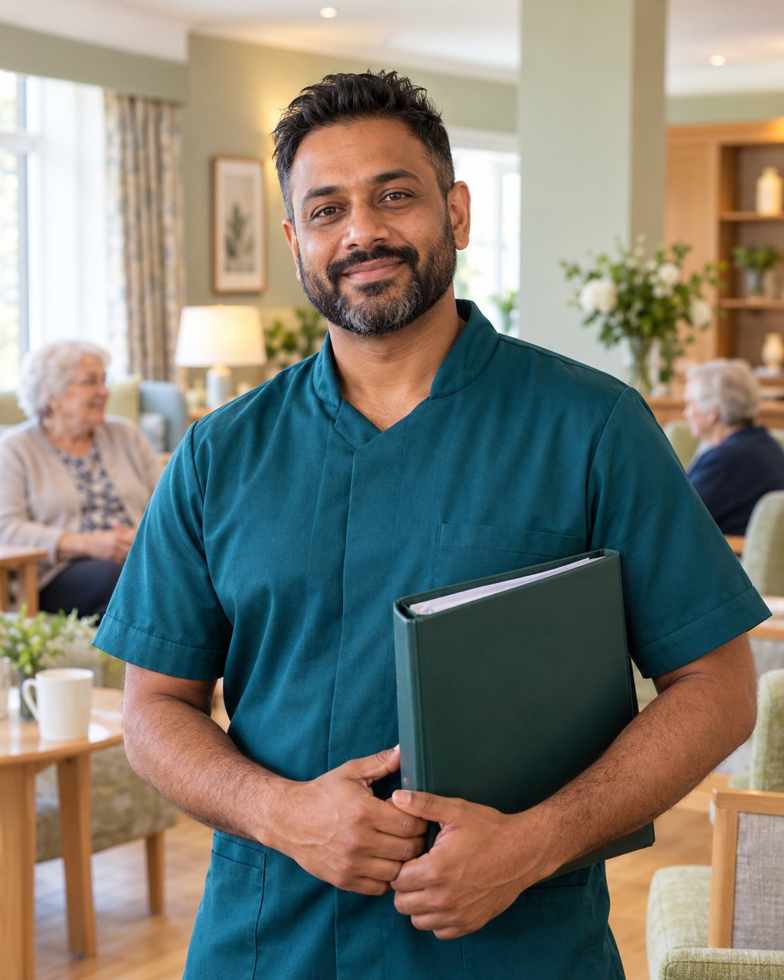 AI-generated image of a Senior Support Worker holding a care-planning folder