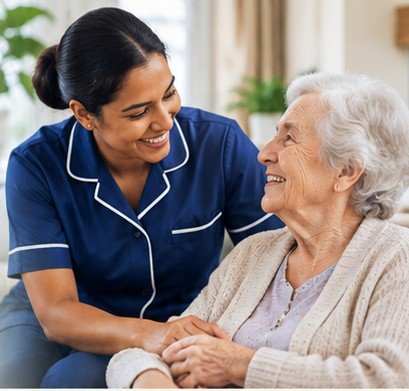 Nurse supporting an older adult in a care setting